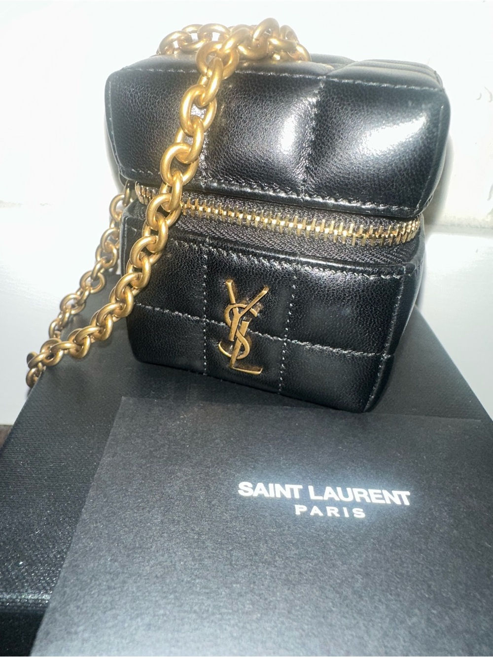 Saint Laurent Black Quilted Matelassé Mini Cube with Gold Chain